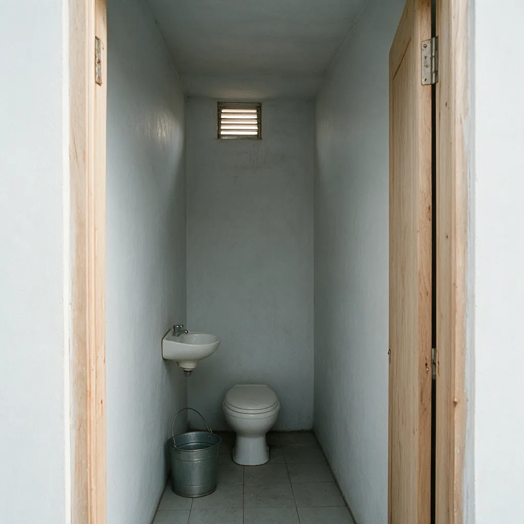 Example photo — inside one of the bathroom stalls at a shared kitchen & bath facility