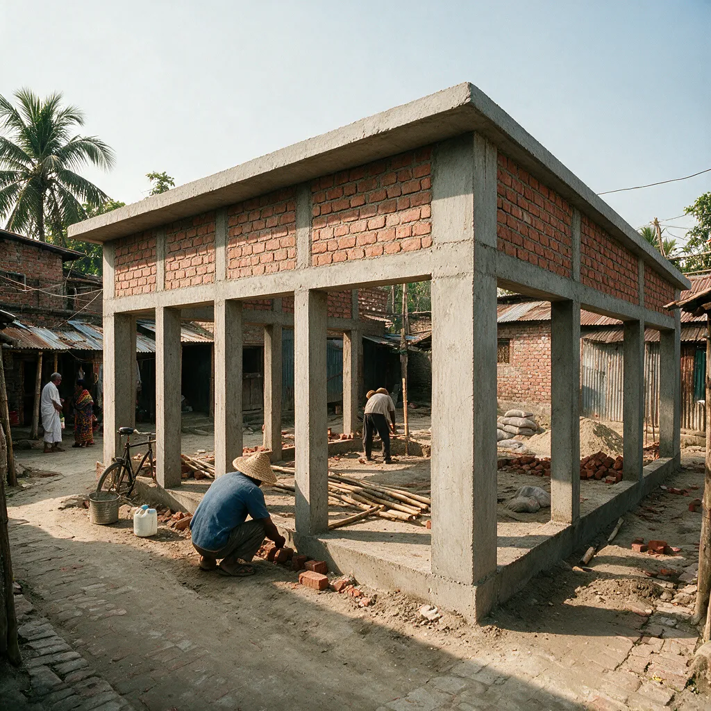 Example photo — walls going up at a shared kitchen & bath facility