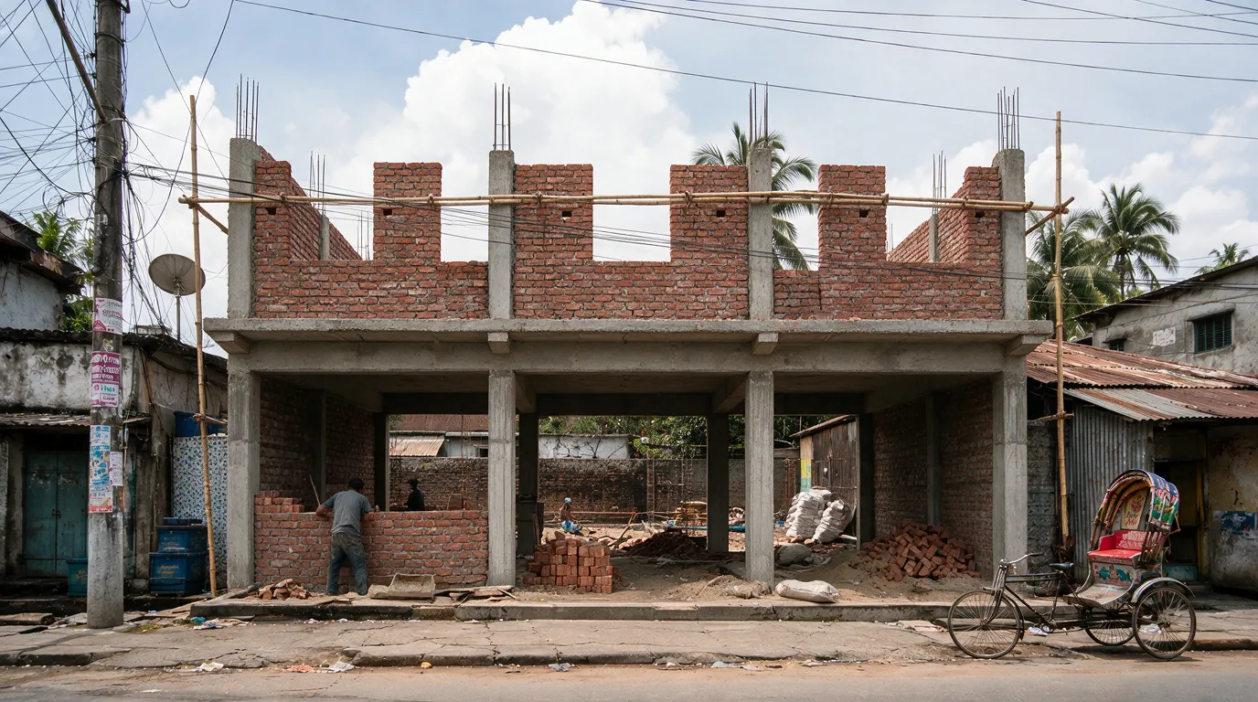 Example photo — walls going up at a shared housing facility